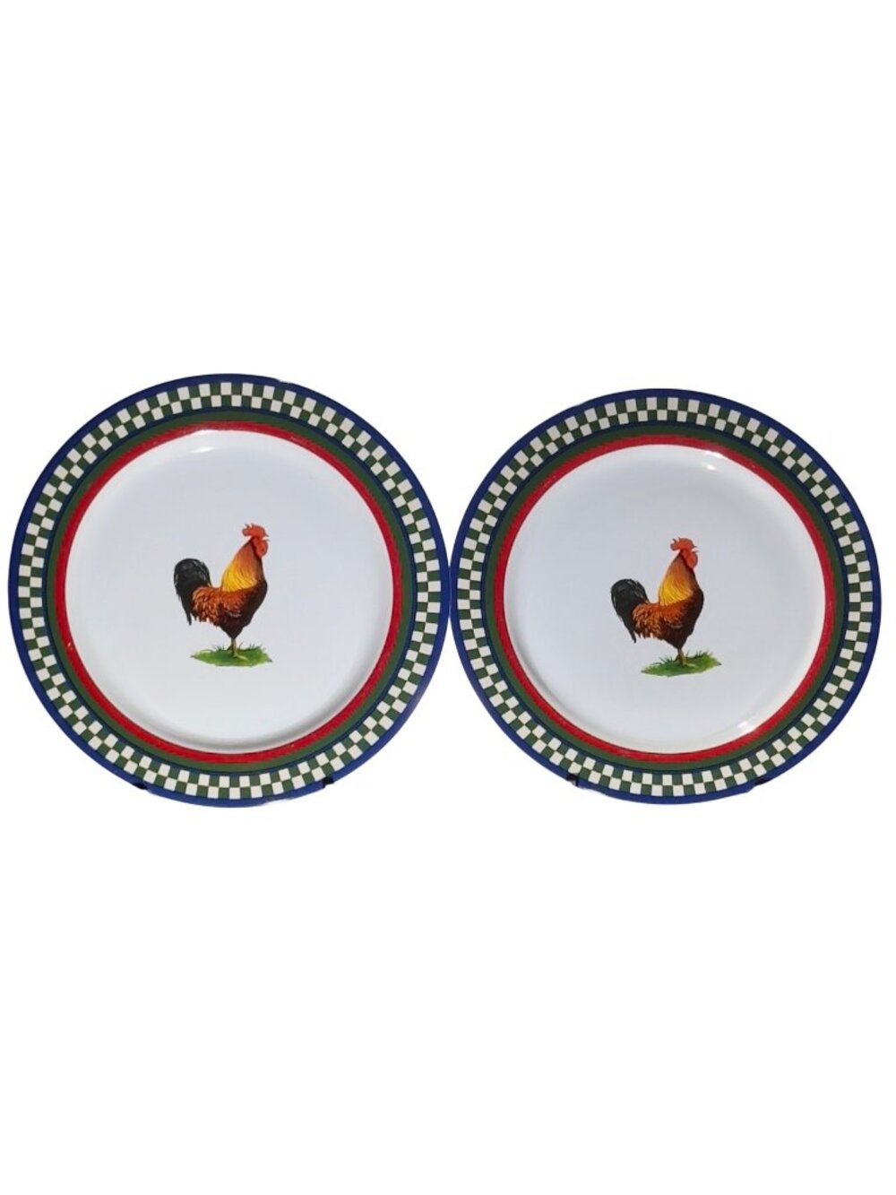 International Tableworks Ellas Rooster Dinner Plates Set Of 2 Ceramic 11" Checke